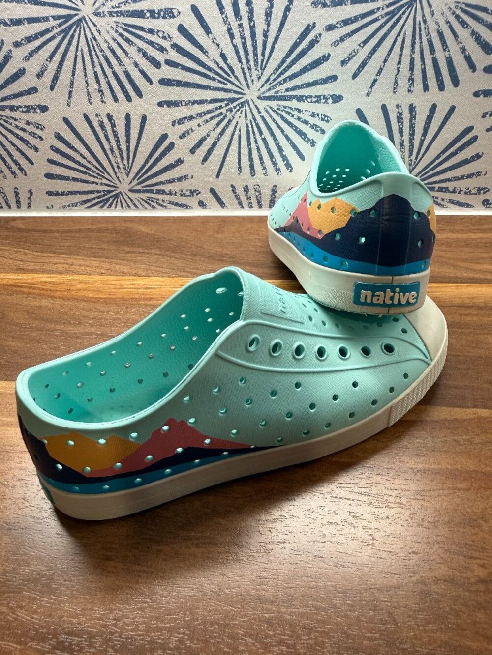 Native Jefferson Kids Mint Green Mountain Graphic Slip On EVA Sneakers J3